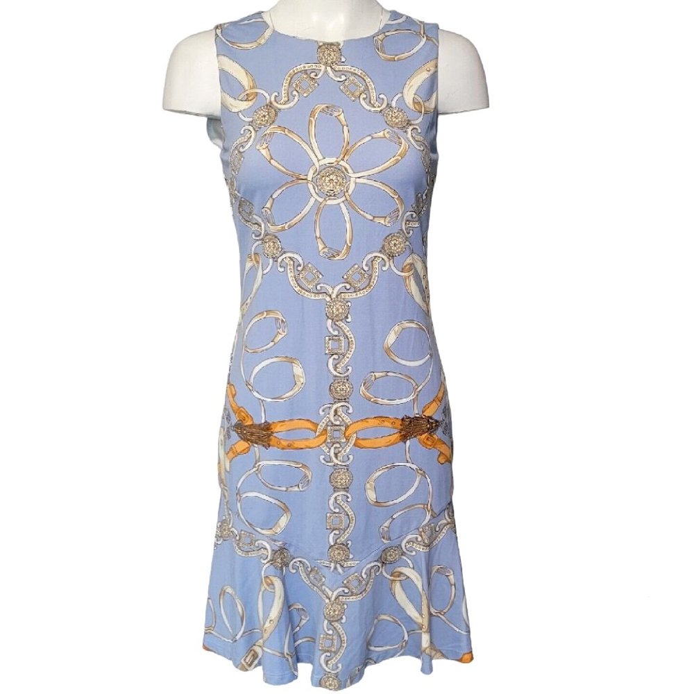 J. McLaughlin Blue Chain Print Fit & Flare Dress